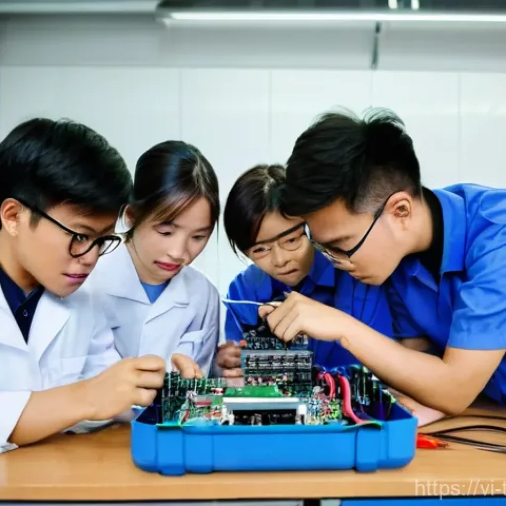 다양한 직업군을 위한 기술 교육 - **Prompt:** A group of young Vietnamese students, both male and female, aged 18-25, engrossed in a h...