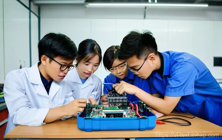 다양한 직업군을 위한 기술 교육 - **Prompt:** A group of young Vietnamese students, both male and female, aged 18-25, engrossed in a h...