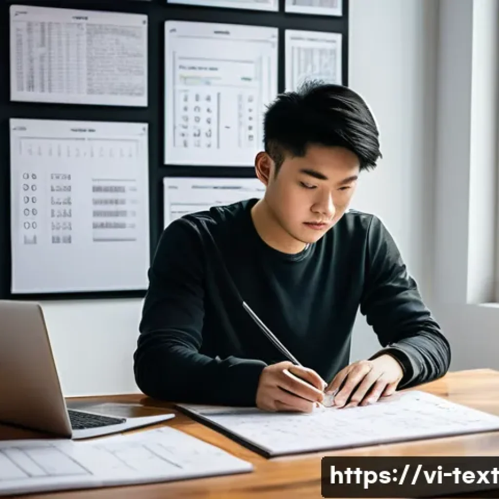 프로그래밍 사고 방식 개발 - A detailed digital illustration of a young Vietnamese programmer sitting at a modern wooden desk in ...