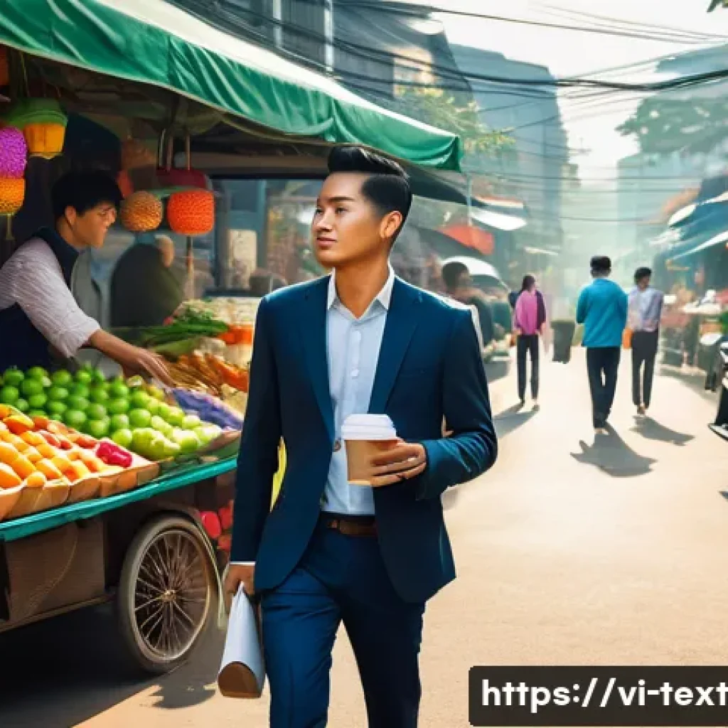 창의적 사고 훈련을 위한 기법 - A vibrant Vietnamese urban morning scene showing a young professional taking a different route to wo...