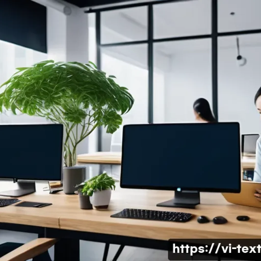 기술 변화의 흐름을 따라잡는 법 - A modern Vietnamese office setting with diverse professionals collaborating around digital devices, ...