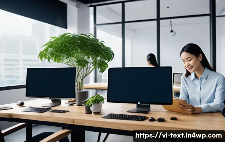 기술 변화의 흐름을 따라잡는 법 - A modern Vietnamese office setting with diverse professionals collaborating around digital devices, ...