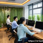 Home 20 인공지능과 직업의 미래 - A modern Vietnamese office environment showcasing a diverse team of professionals working remotely u...