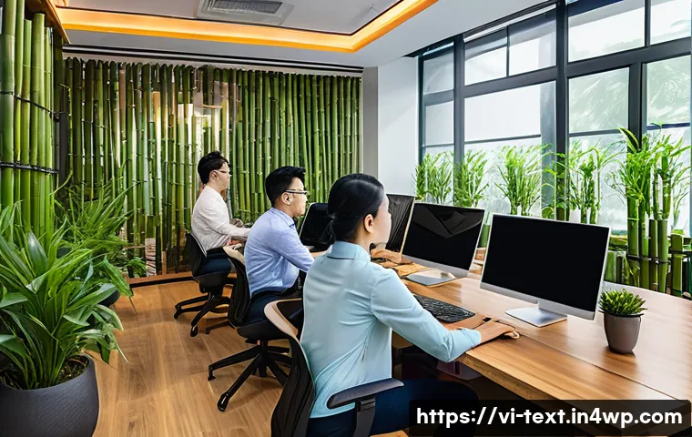 인공지능과 직업의 미래 - A modern Vietnamese office environment showcasing a diverse team of professionals working remotely u...
