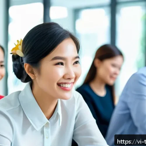 Home 31 효과적인 커뮤니케이션 스킬 향상법 - A professional Vietnamese office meeting scene showing diverse colleagues practicing active listenin...