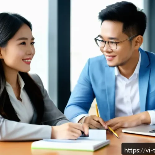 Home 30 경력 개발을 위한 멘토 찾기 - A professional Vietnamese office setting where a young marketing specialist is attentively discussin...