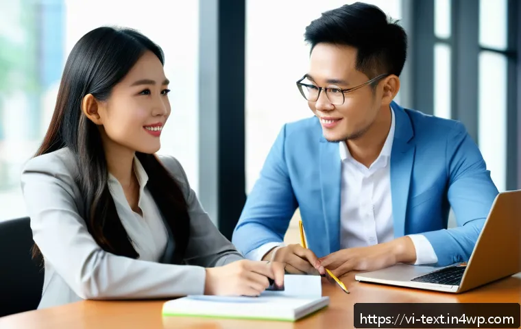 경력 개발을 위한 멘토 찾기 - A professional Vietnamese office setting where a young marketing specialist is attentively discussin...