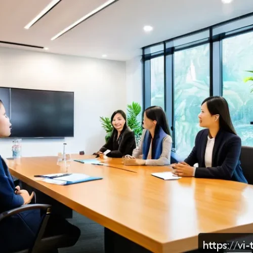 Home 17 리더십 역량 개발을 위한 팁 - A professional Vietnamese office scene showing a diverse team of young leaders and employees engaged...